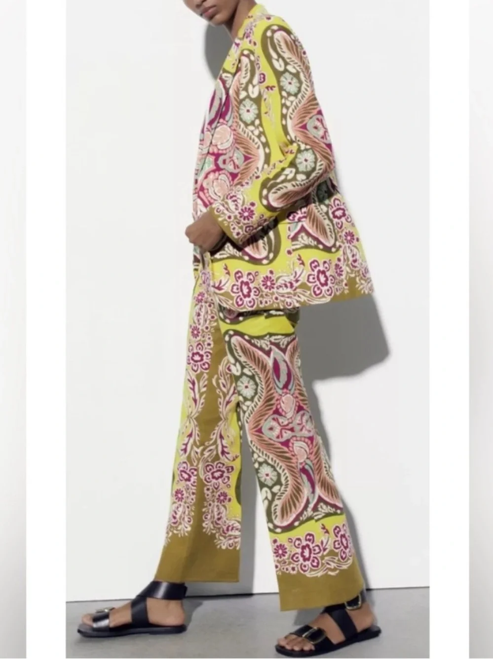 ZARA SET Bright Yellow Army Green Pink Linen Cotton Blend Blazer & Cropped Pants